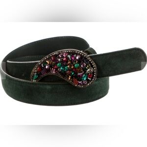 RARE Etro Green Suede Belt Colorful Crystal Buckle Antiqued Silver-Tone Hardware